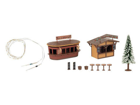 Faller 134006 HO/OO Gauge Christmas Market Stalls (2) & Illuminated Tree Kit VI